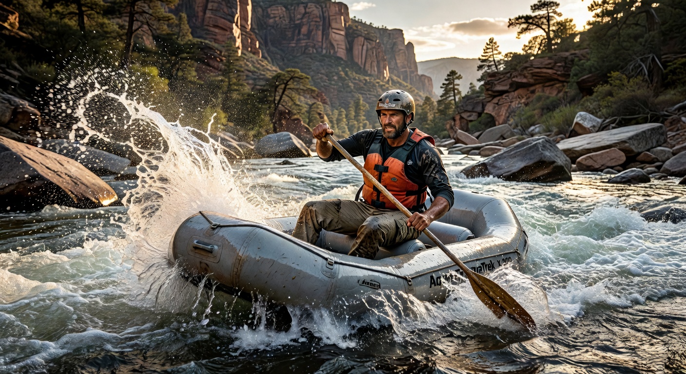 Adventurer rafting through rapids in the Americas