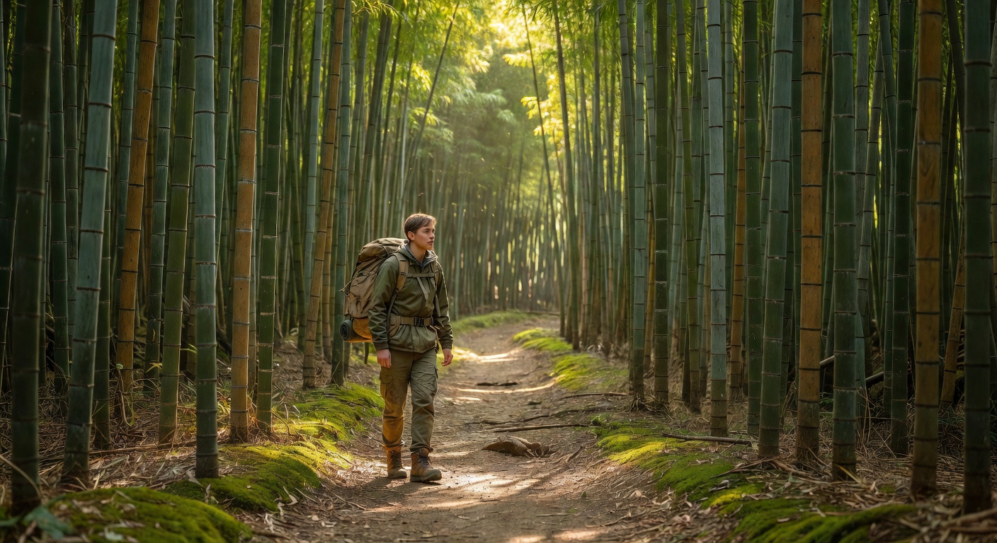 Backpacker in Japanese bamboo forest