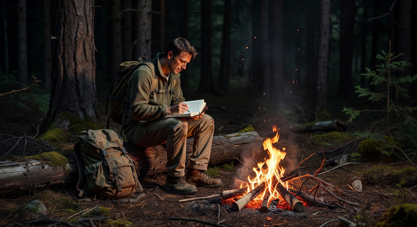 Backpacker at campfire in forest