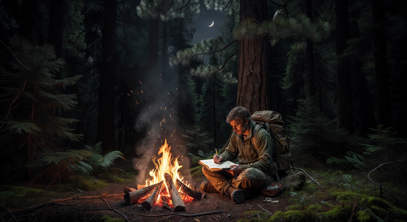 Backpacker by campfire in forest with pack