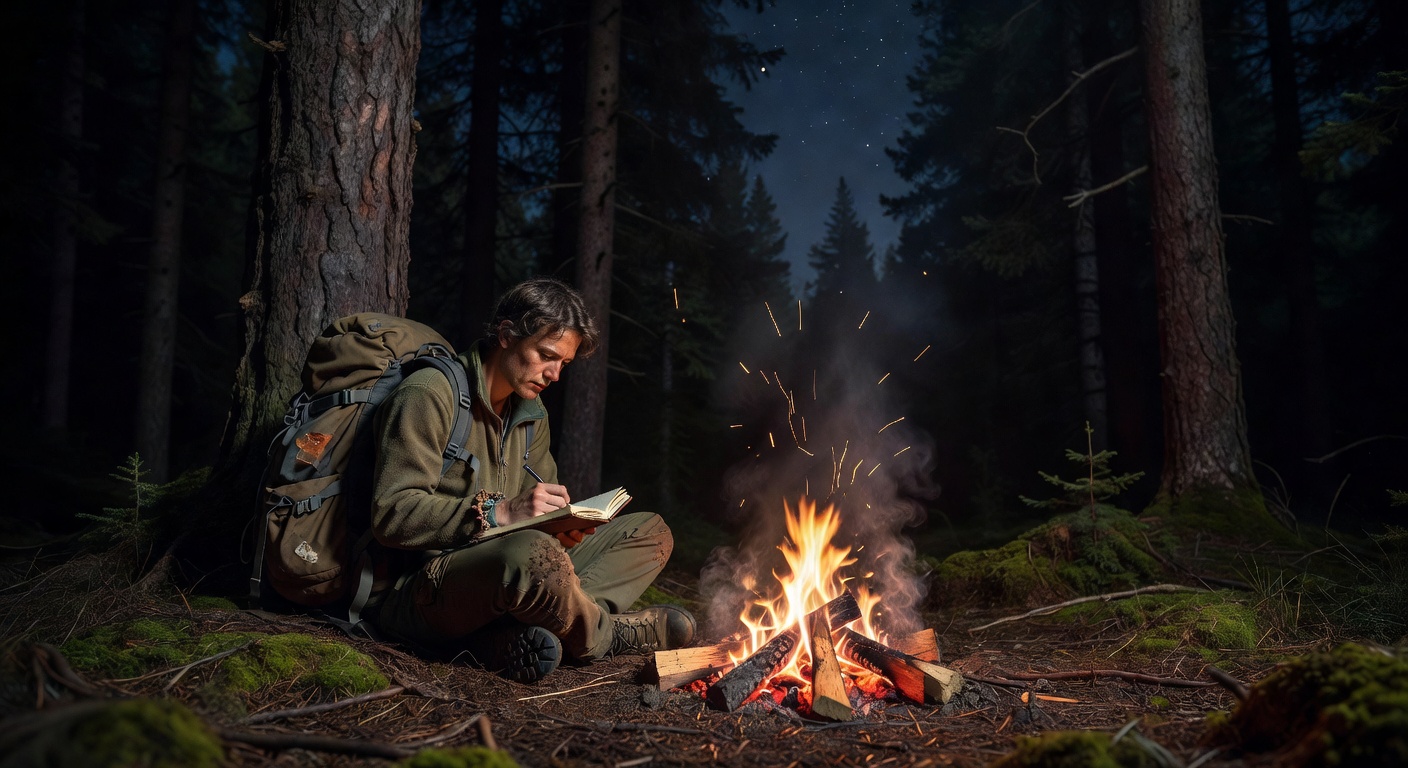 Backpacker checking safety items by campfire