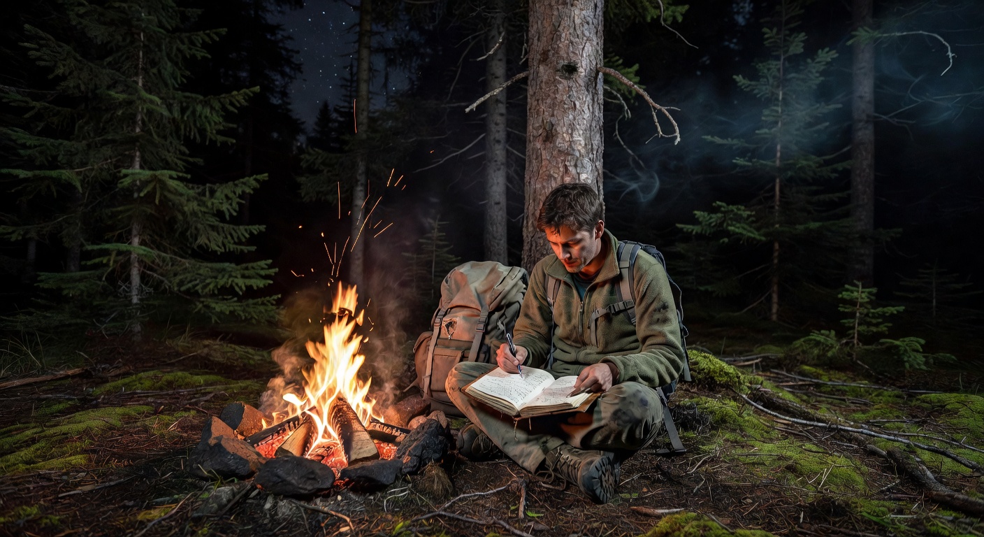 Woman backpacker at campfire in forest
