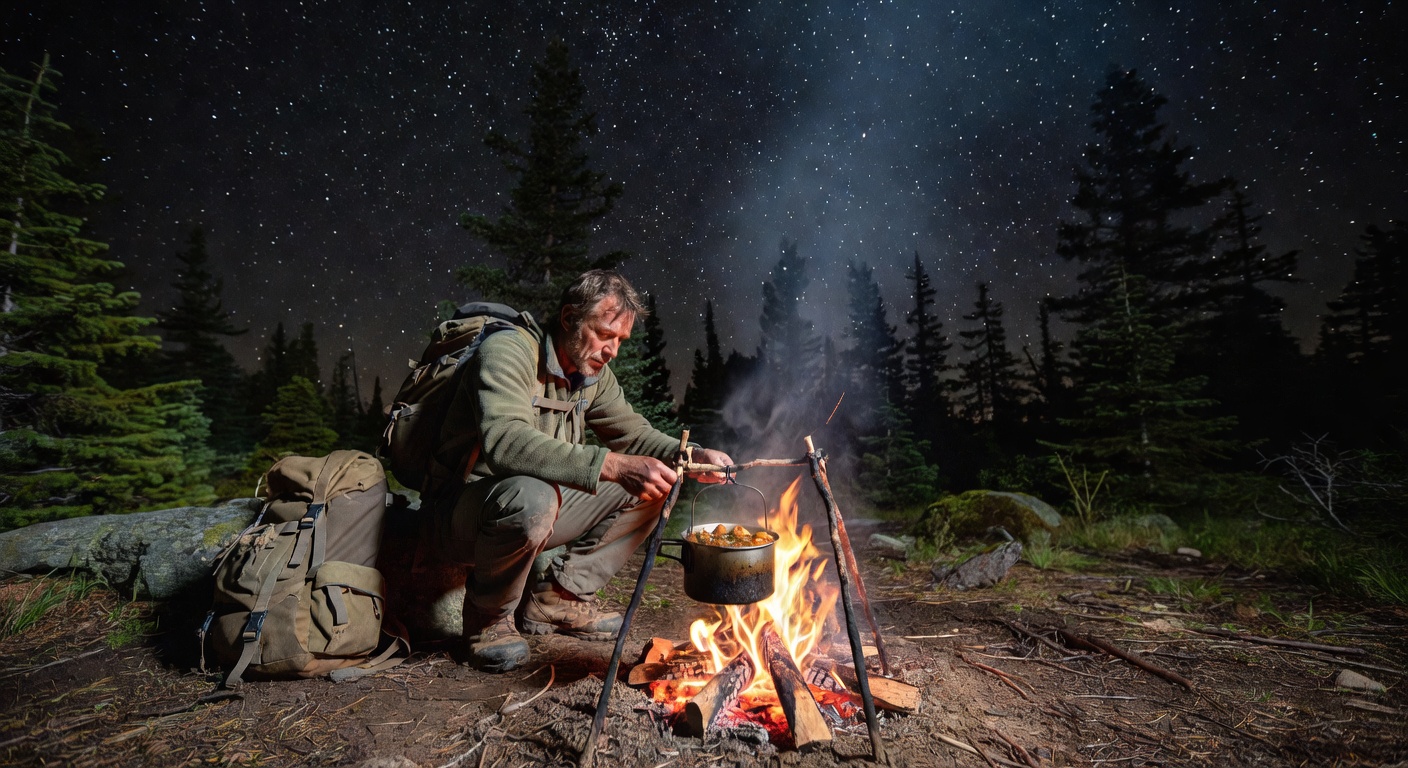 Backpacker at campfire in Sri Lankan wilderness