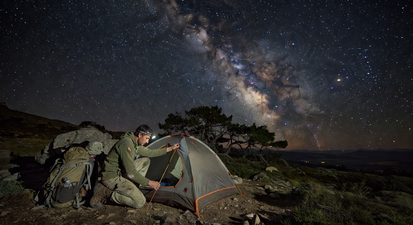 Backpacker at campsite under starry sky