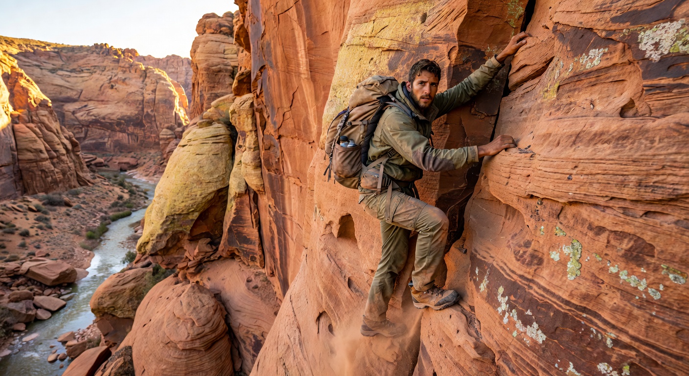 Backpacker at canyon wall
