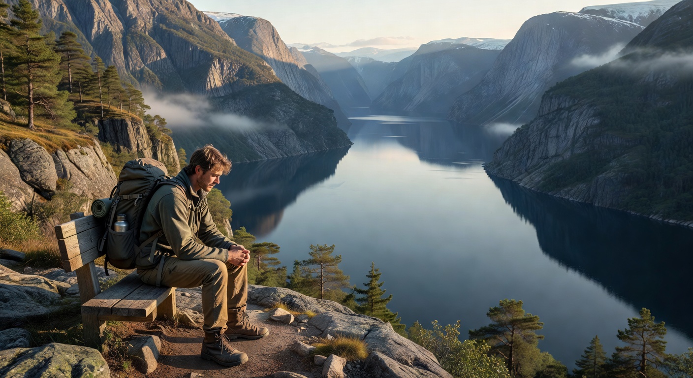Backpacker resting at Norwegian fjord