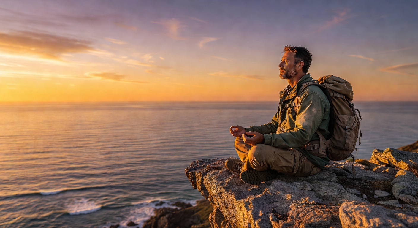 Backpacker standing on ocean cliff