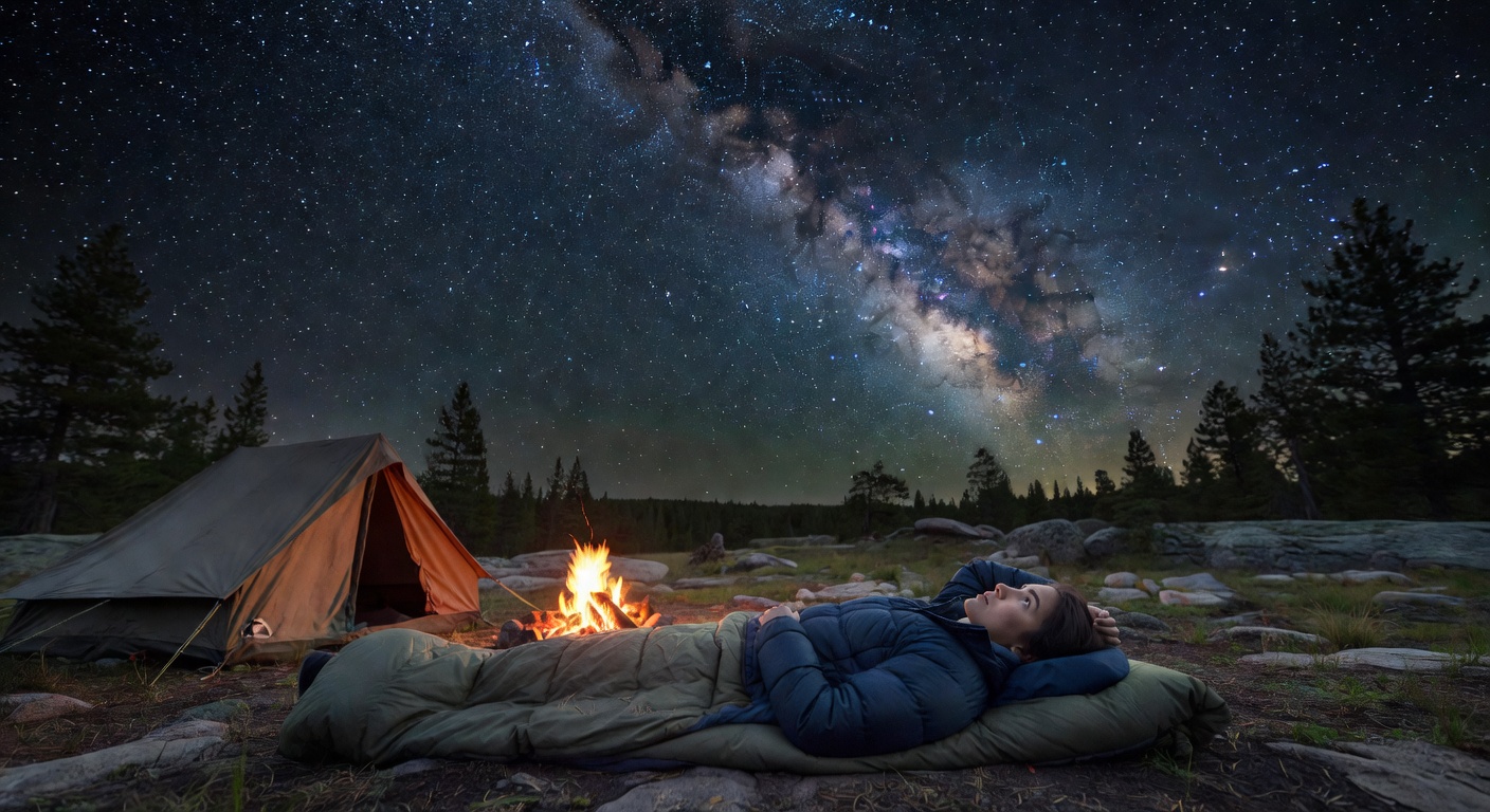Female camper under starry night sky