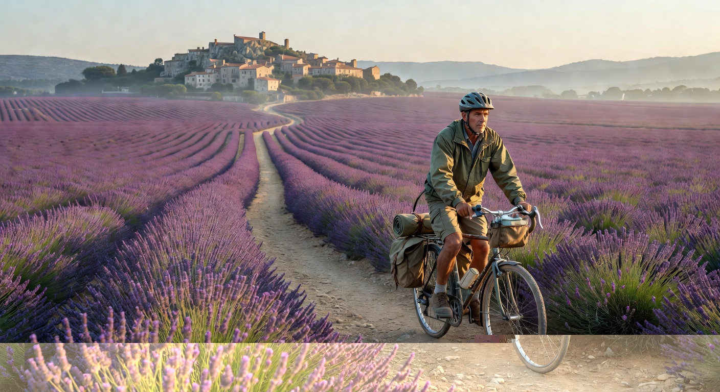Cyclist through lavender fields Europe