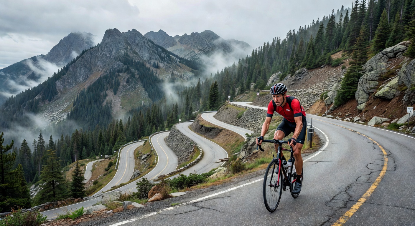 Cyclist on mountain road at sunrise