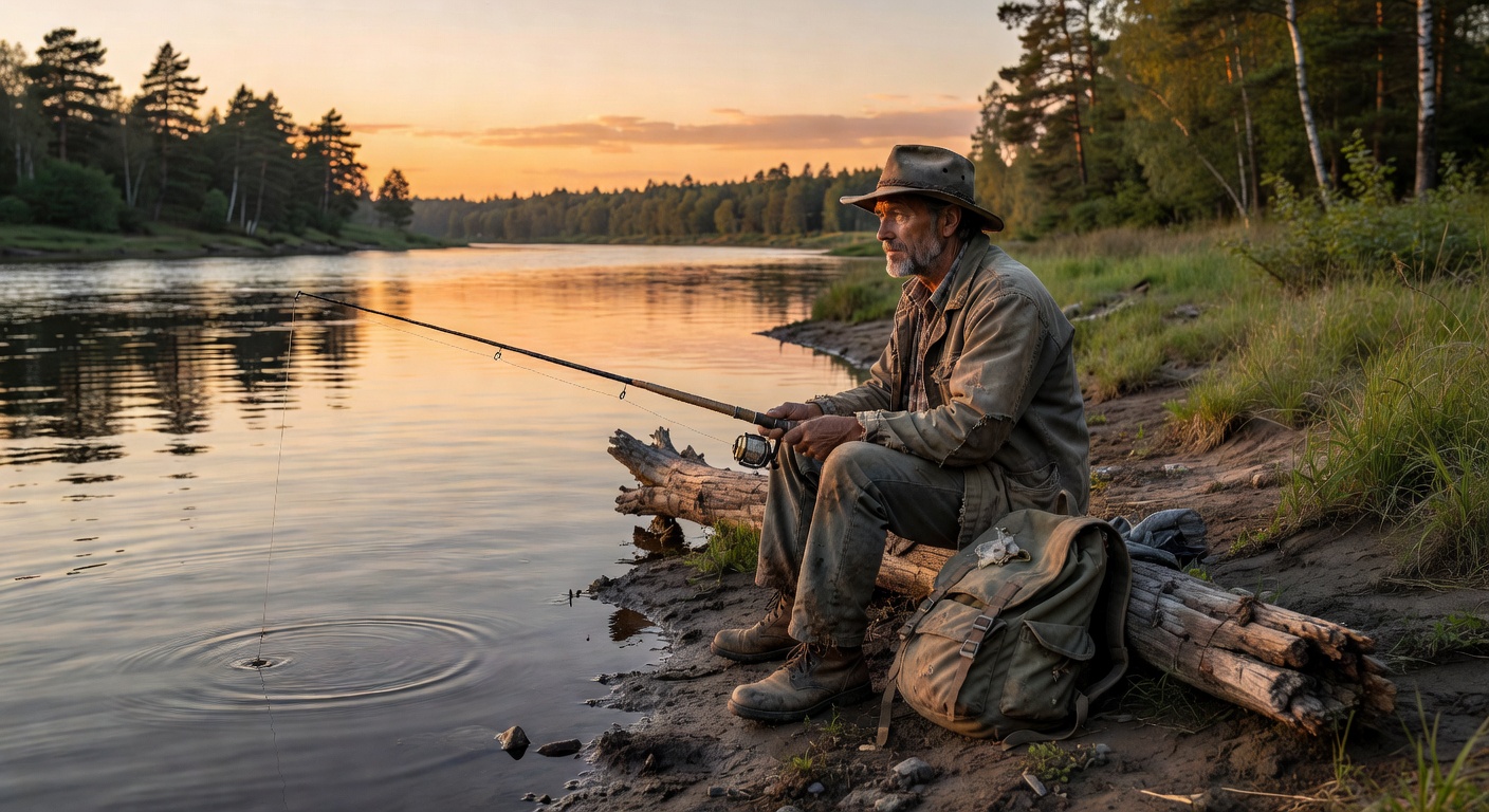 Woman drifter relaxing on river bank