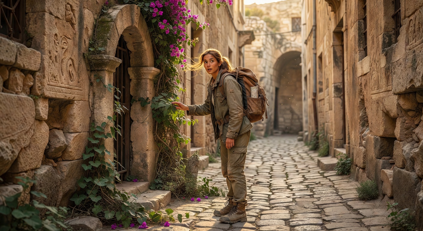 Explorer in ancient Peruvian city streets