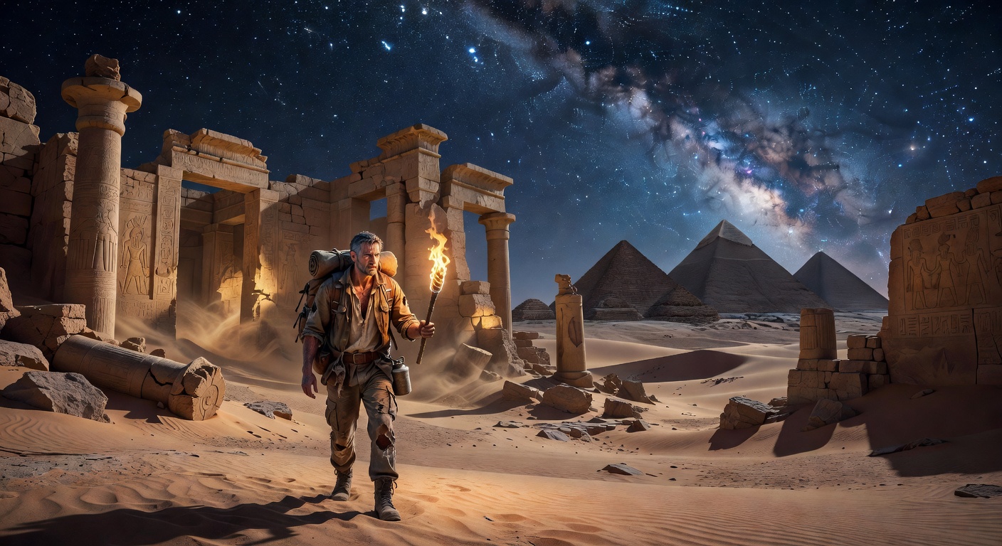 Explorer in Tanzanian desert ruins