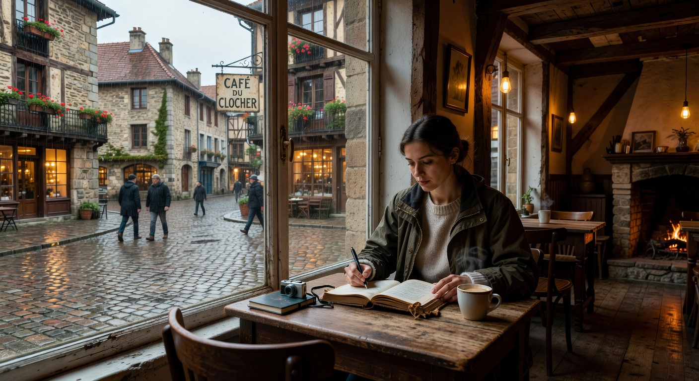 Solo journalist writing in European café