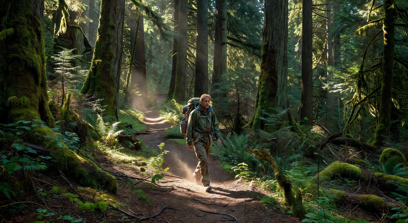 Lone hiker on forest path in Scotland
