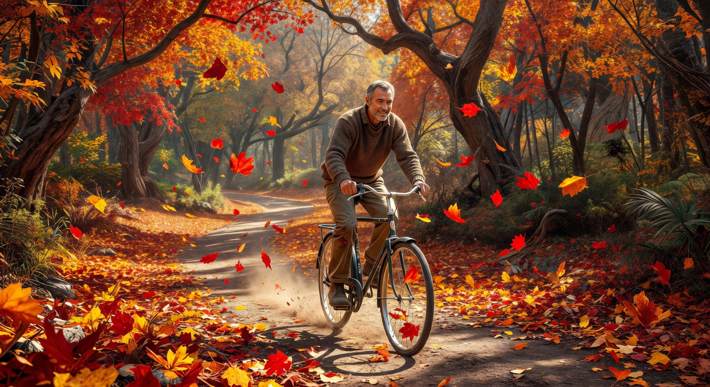 Man cycling through autumn forest
