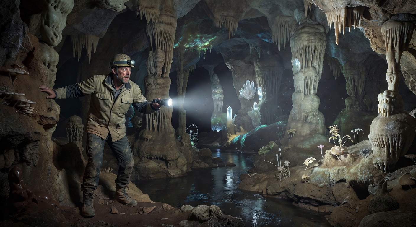 Man exploring cave with tech gear