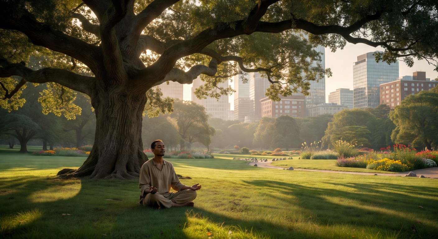 Meditating under tree in city park