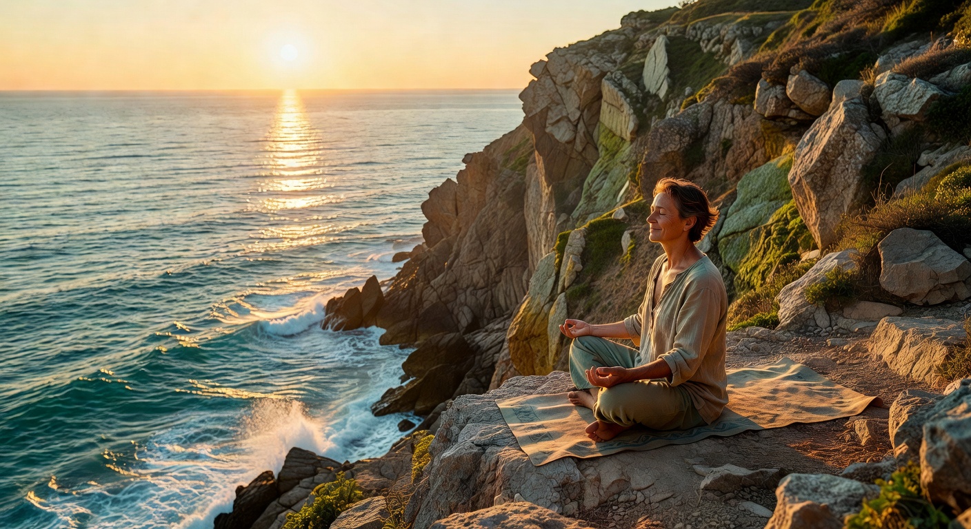 Meditating on Greek cliffside above sea