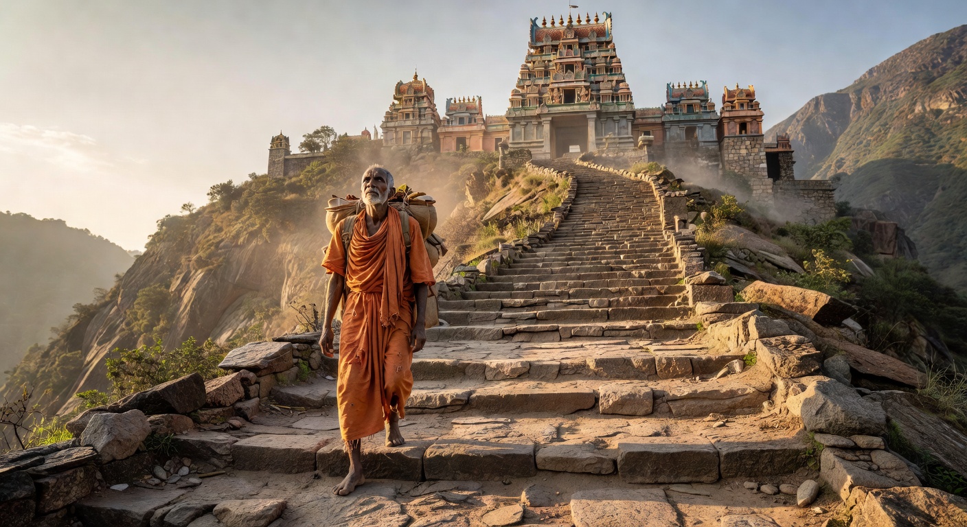 Pilgrim ascending temple steps in Asia