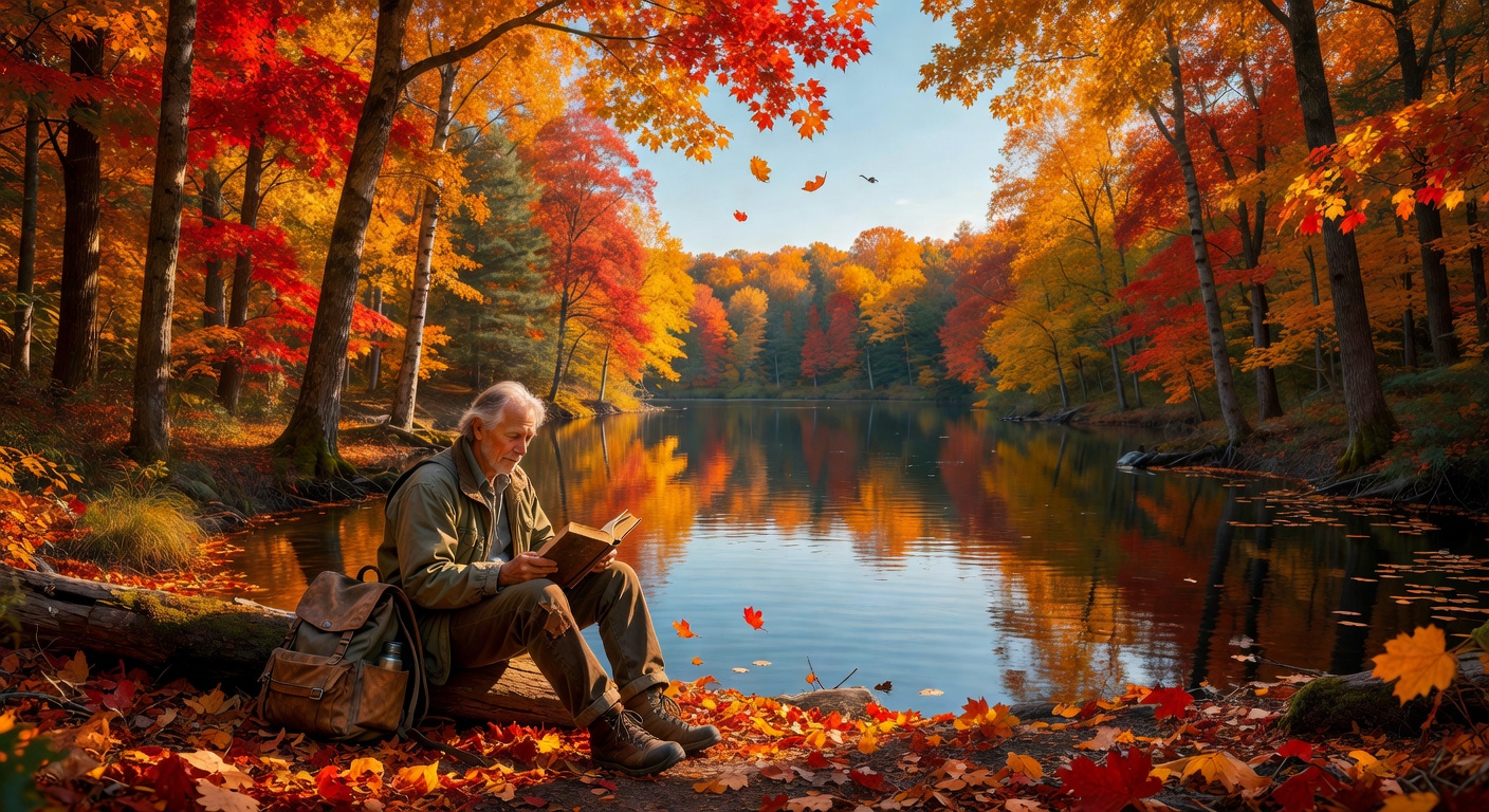 Solo reader by forest lake in Japan