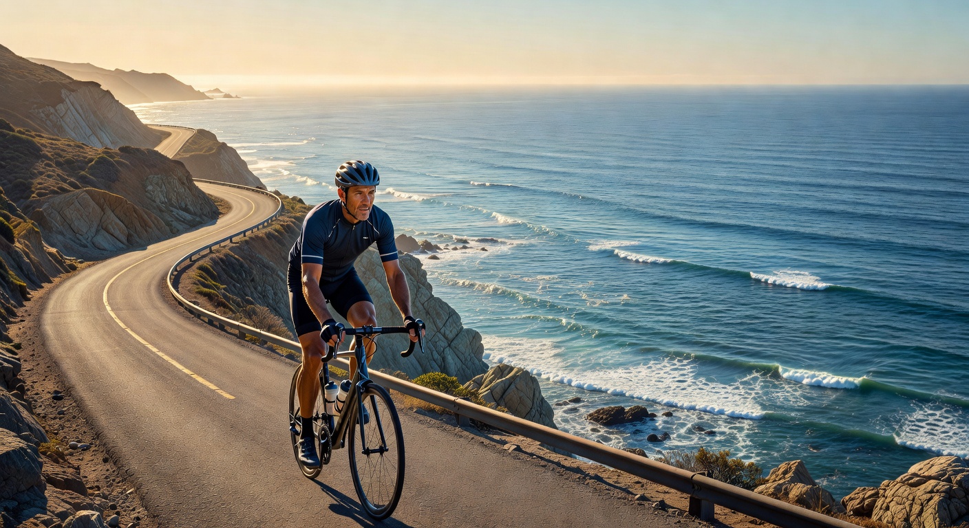 Solo cyclist on coastal road