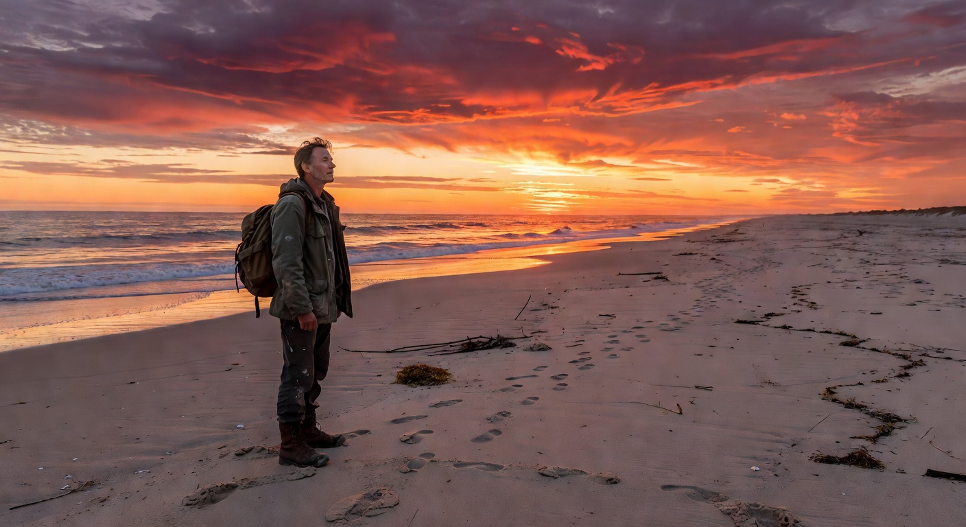 Solo traveler at beach sunset