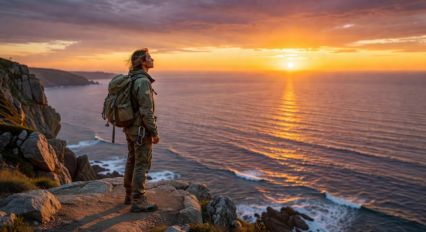 Solo traveler on cliff at ocean sunset