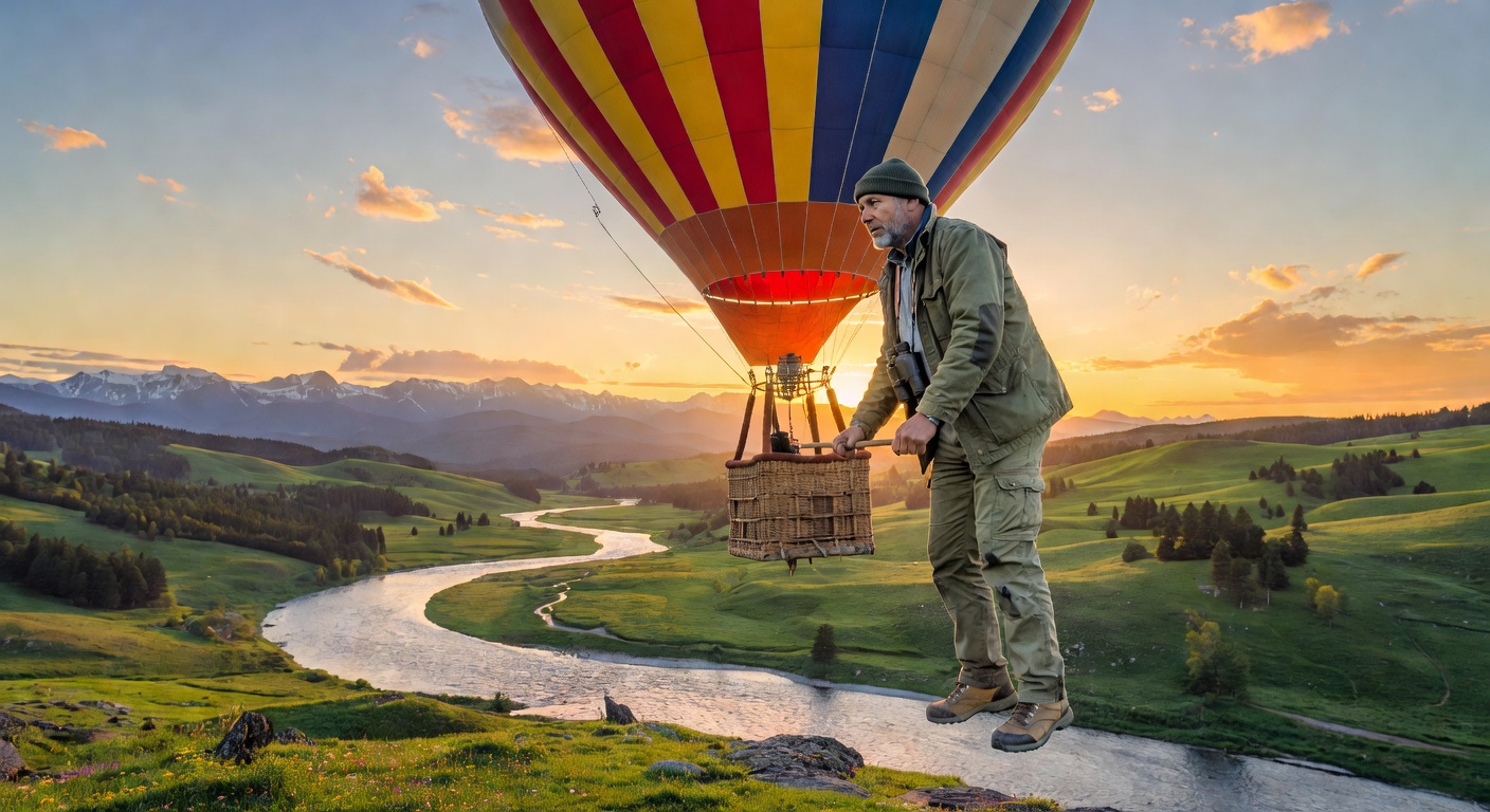Traveler in hot air balloon