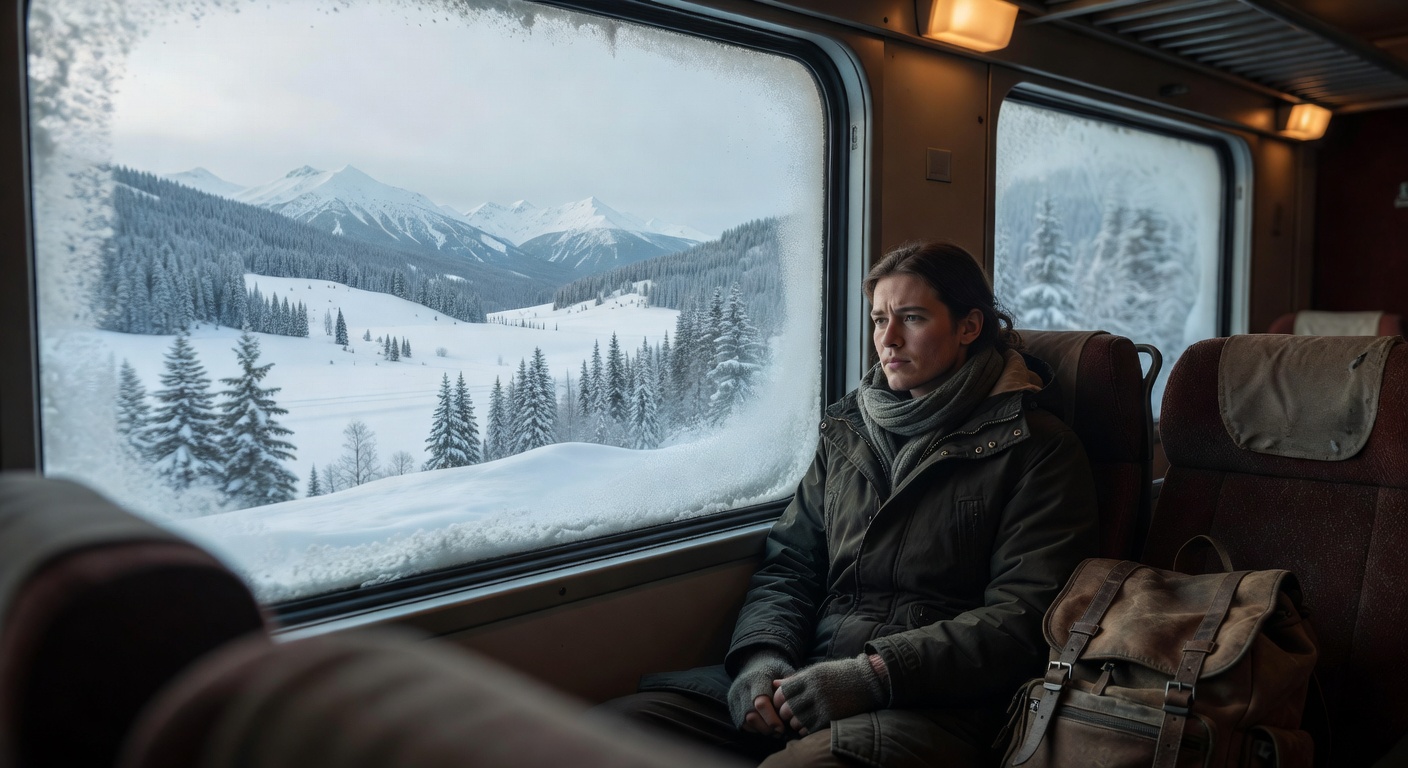 Traveler on train through snowy landscape