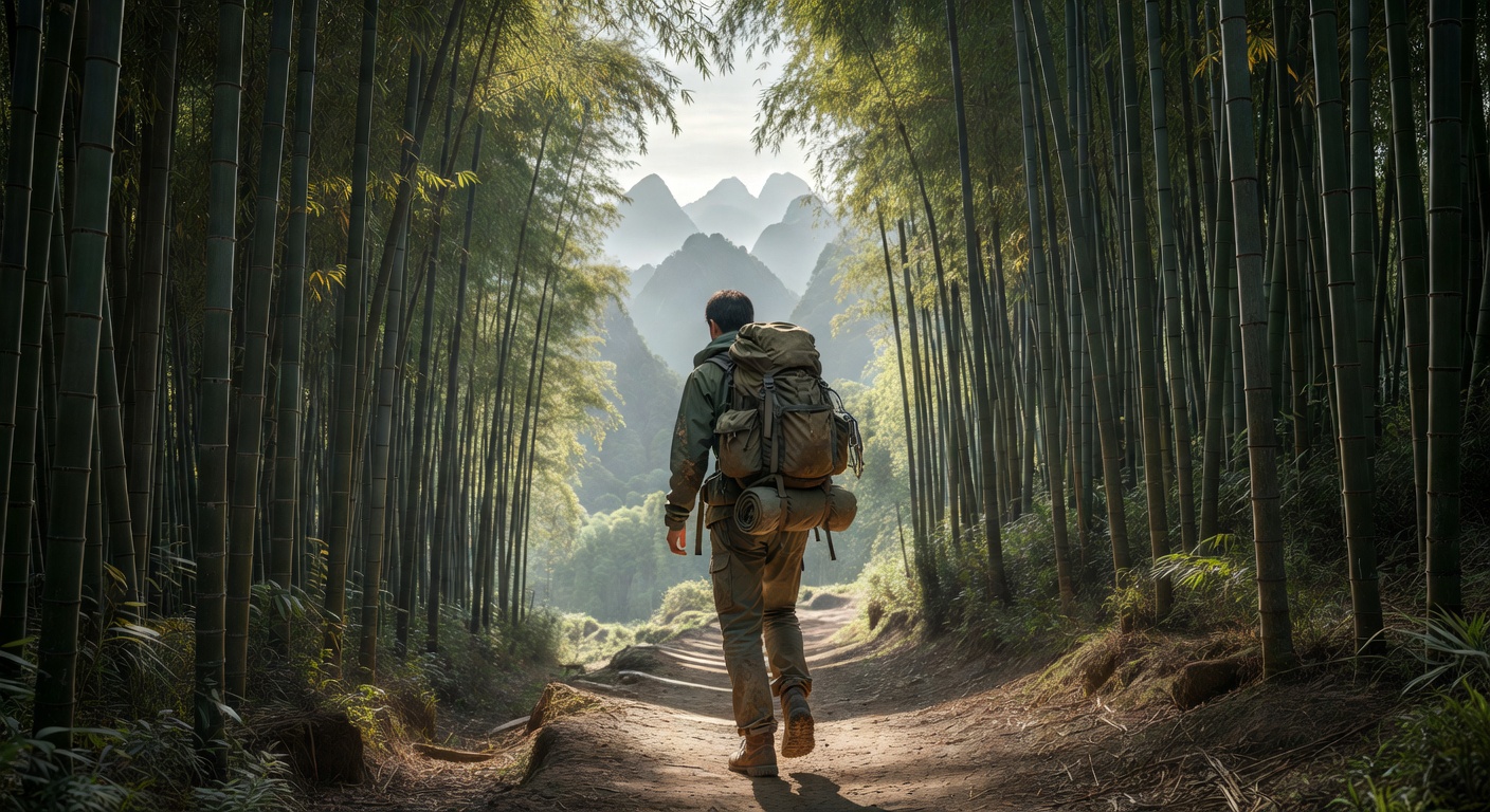 Trekker in bamboo forest Asia