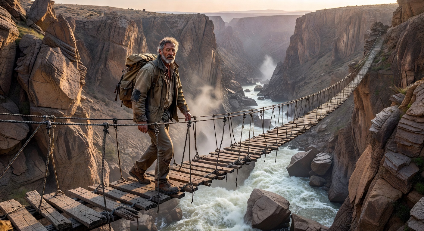 Wanderer crossing suspension bridge on public transport route